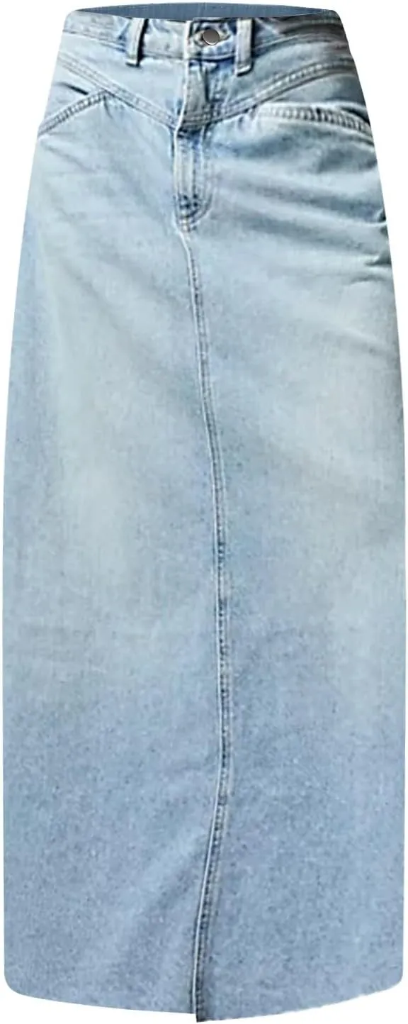 Women's Boho Skirts Summer Casual Loose Trendy Elastic Waist Solid Color Sun Beach Long Maxi Denim Skirt, S-XL