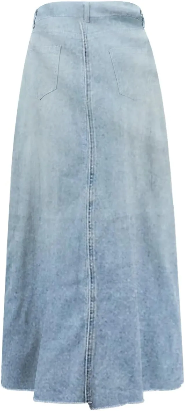 Women's Boho Skirts Summer Casual Loose Trendy Elastic Waist Solid Color Sun Beach Long Maxi Denim Skirt, S-XL