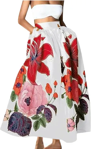Women's Boho Skirts Vintage Dressy Loose Fit Floral Printed Skirts Trendy High Waist Flowy Swing Maxi Skirts Pockets