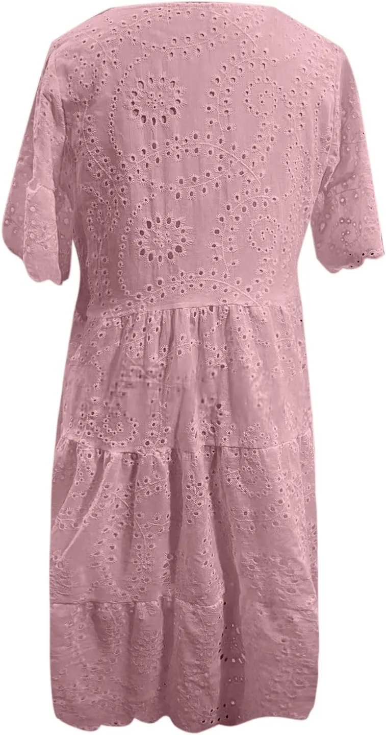 Womens Boho Summer Dresses 2025 Resort V Neck Short Sleeve Hollow Out Lace Ruffle Casual Beach Mini Vacation Dress