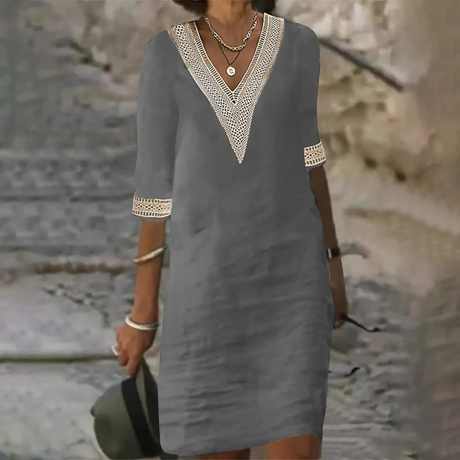 Women's Boho Tunic Dress V Neck 3/4 Sleeve Casual Loose Fit Summer Beach Dresses with Lace Trim Lightweight Sundress