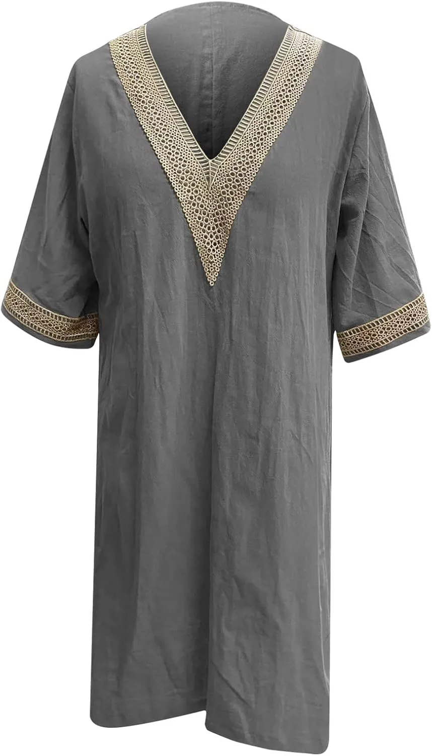 Women's Boho Tunic Dress V Neck 3/4 Sleeve Casual Loose Fit Summer Beach Dresses with Lace Trim Lightweight Sundress