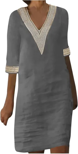 Women's Boho Tunic Dress V Neck 3/4 Sleeve Casual Loose Fit Summer Beach Dresses with Lace Trim Lightweight Sundress