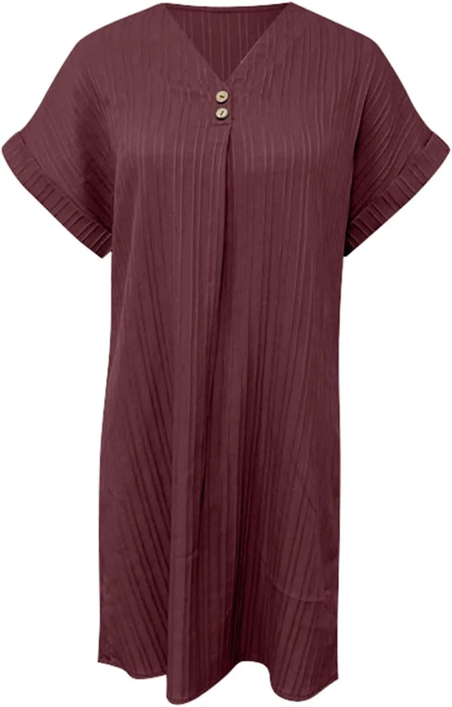 Womens Button Down Shirt Dresses Summer Cotton Linen Dress V-Neck Mini Dress Casual Short Sleeve Loose Tunic Dresses