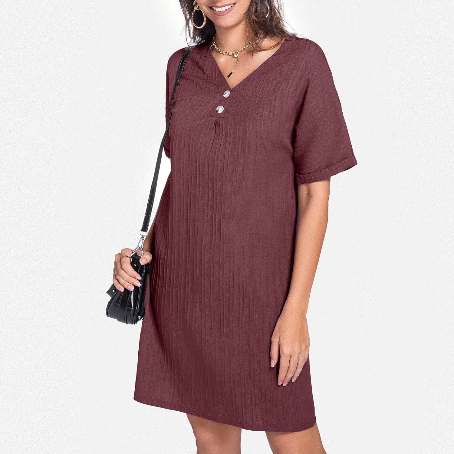 Womens Button Down Shirt Dresses Summer Cotton Linen Dress V-Neck Mini Dress Casual Short Sleeve Loose Tunic Dresses