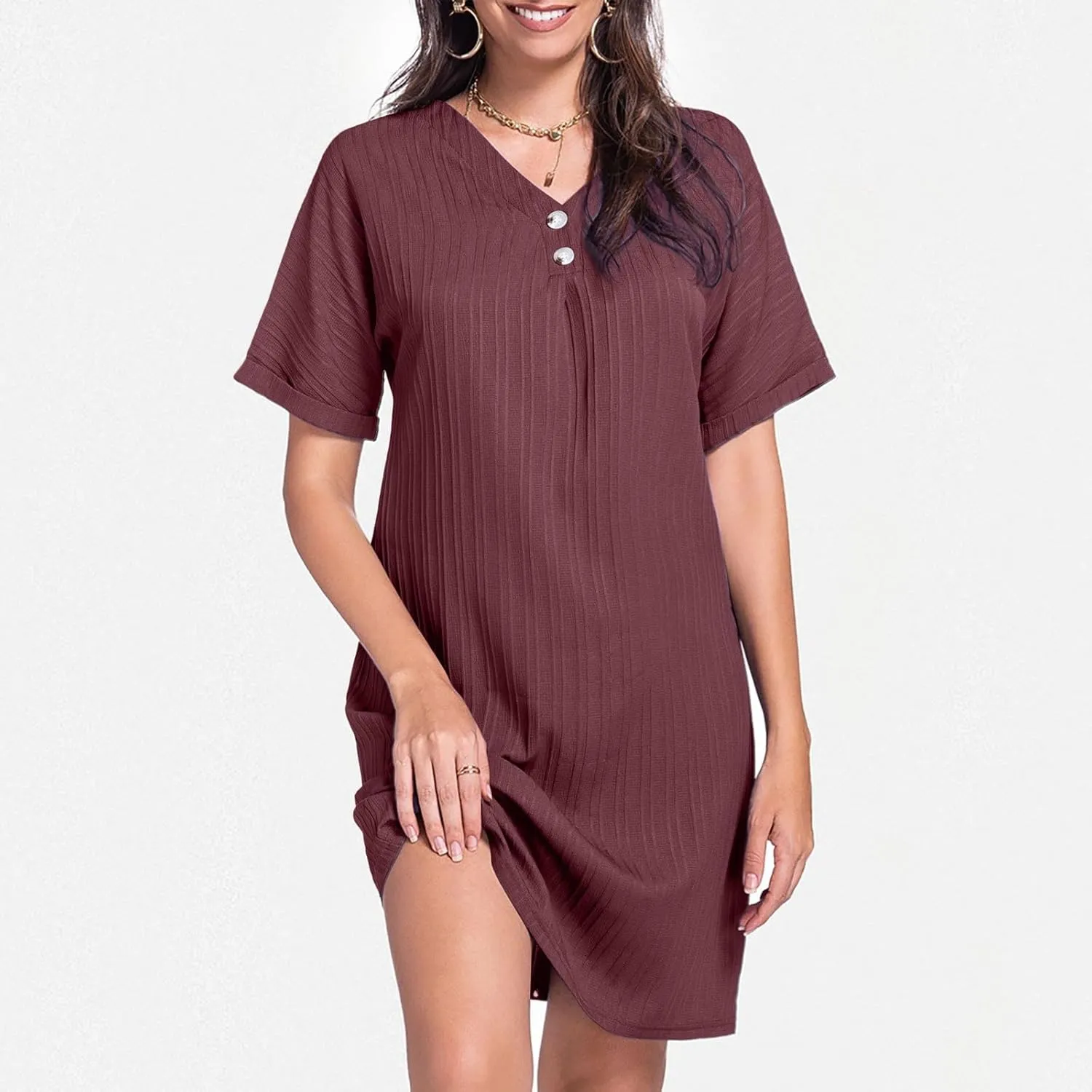 Womens Button Down Shirt Dresses Summer Cotton Linen Dress V-Neck Mini Dress Casual Short Sleeve Loose Tunic Dresses