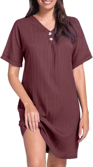 Womens Button Down Shirt Dresses Summer Cotton Linen Dress V-Neck Mini Dress Casual Short Sleeve Loose Tunic Dresses