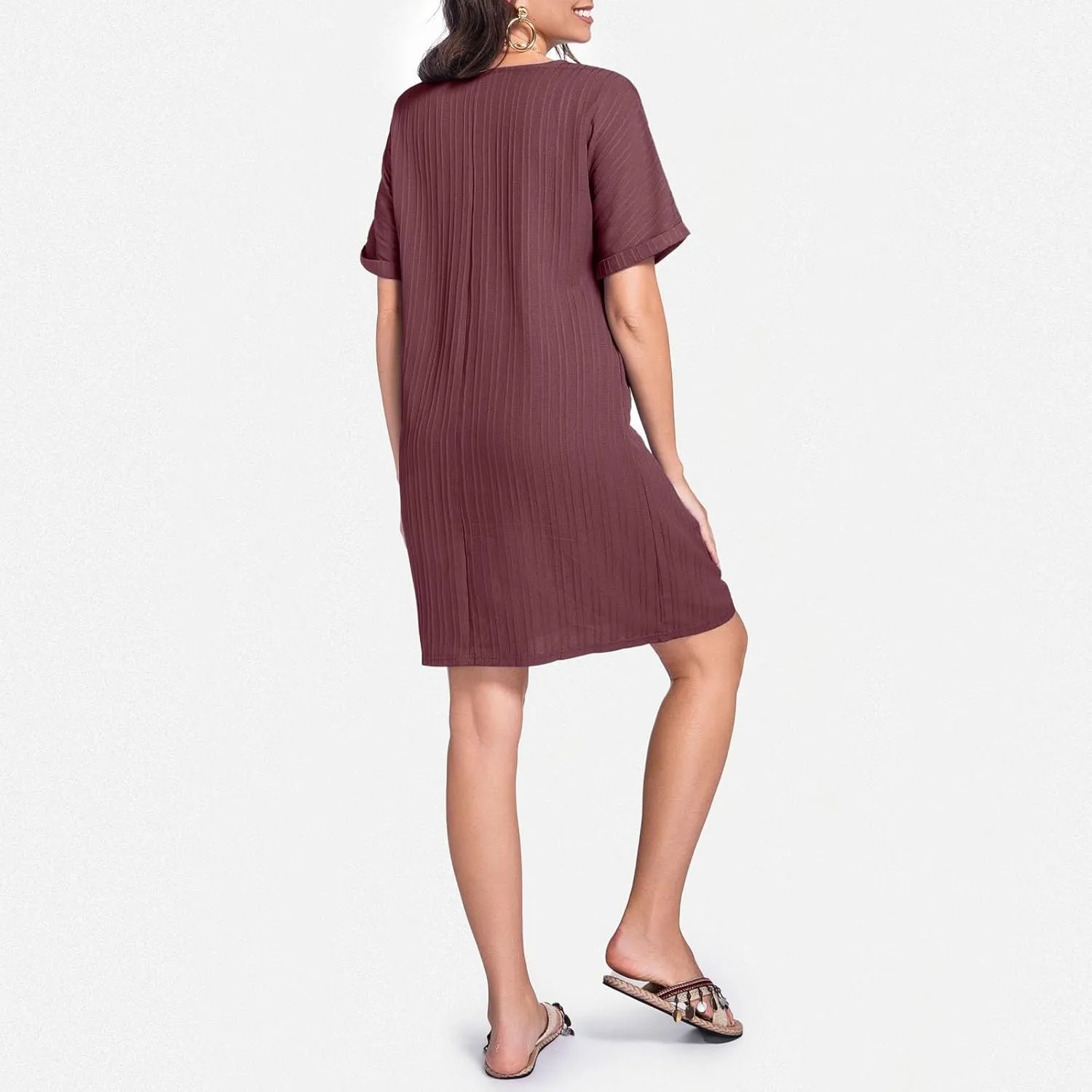 Womens Button Down Shirt Dresses Summer Cotton Linen Dress V-Neck Mini Dress Casual Short Sleeve Loose Tunic Dresses