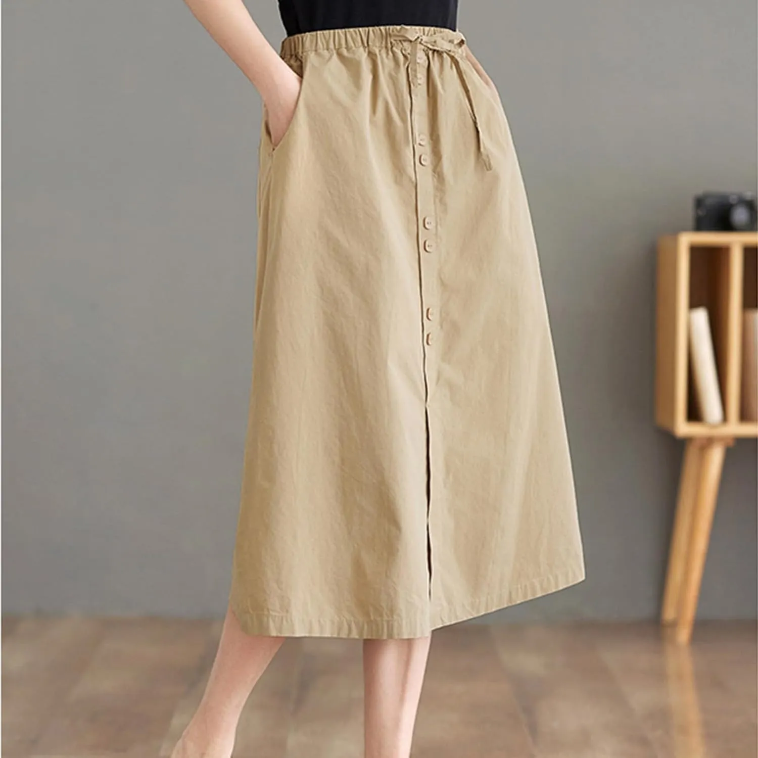 Women's Button Front Cotton Midi Skirt Summer Dressy A-Line Pencil Skirts Drawstring High Waist Office Work Skirt