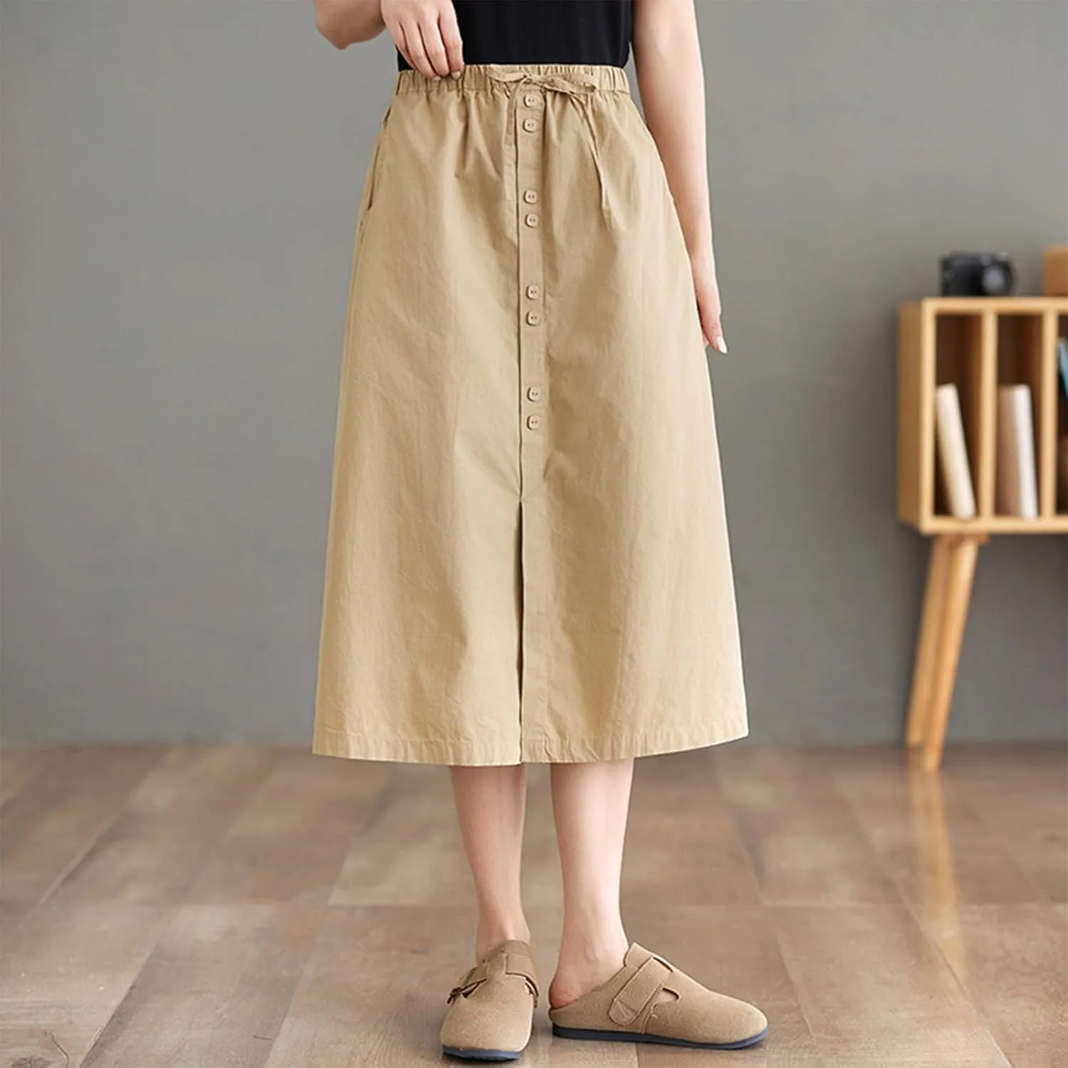 Women's Button Front Cotton Midi Skirt Summer Dressy A-Line Pencil Skirts Drawstring High Waist Office Work Skirt
