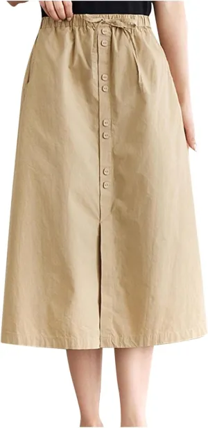Women's Button Front Cotton Midi Skirt Summer Dressy A-Line Pencil Skirts Drawstring High Waist Office Work Skirt