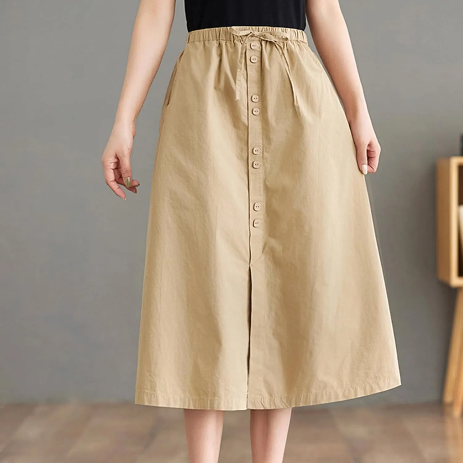 Women's Button Front Cotton Midi Skirt Summer Dressy A-Line Pencil Skirts Drawstring High Waist Office Work Skirt