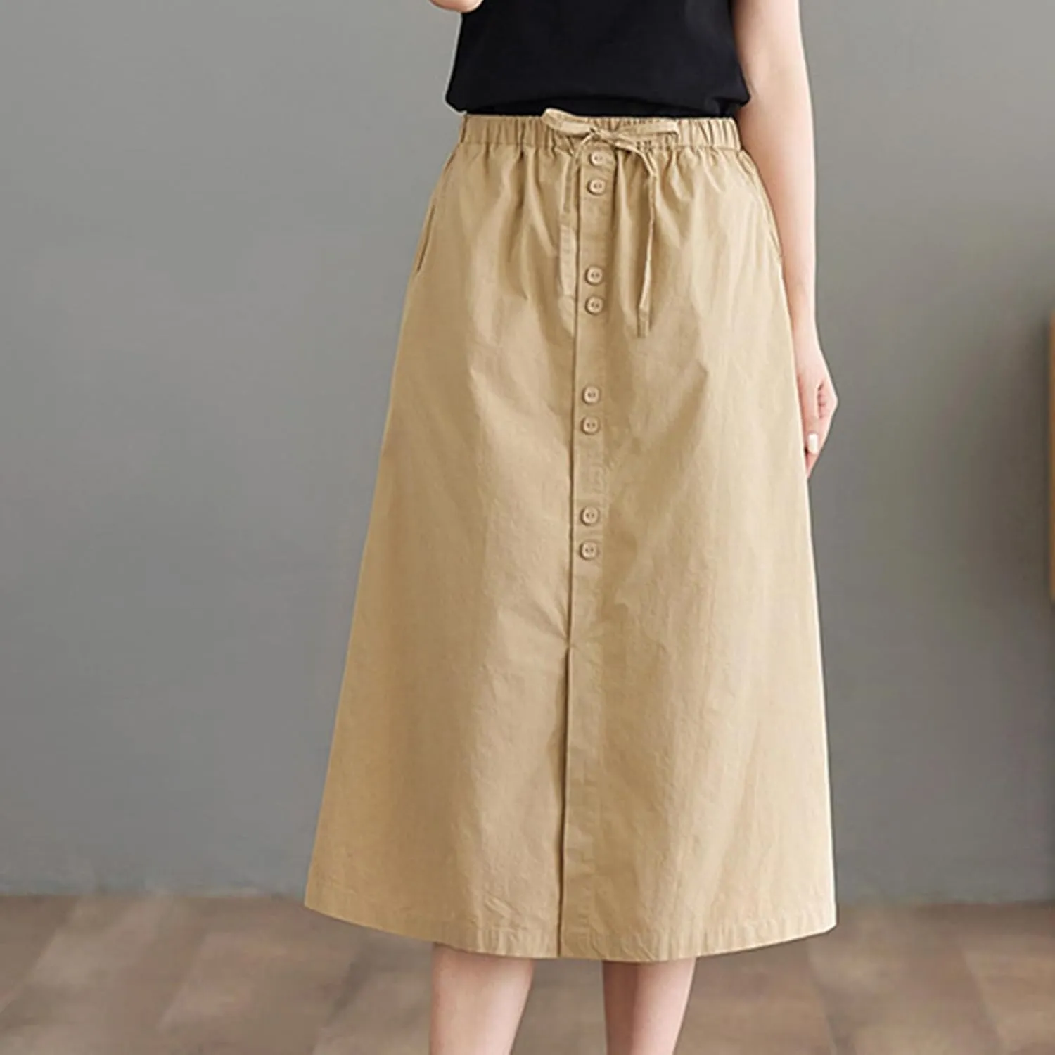 Women's Button Front Cotton Midi Skirt Summer Dressy A-Line Pencil Skirts Drawstring High Waist Office Work Skirt