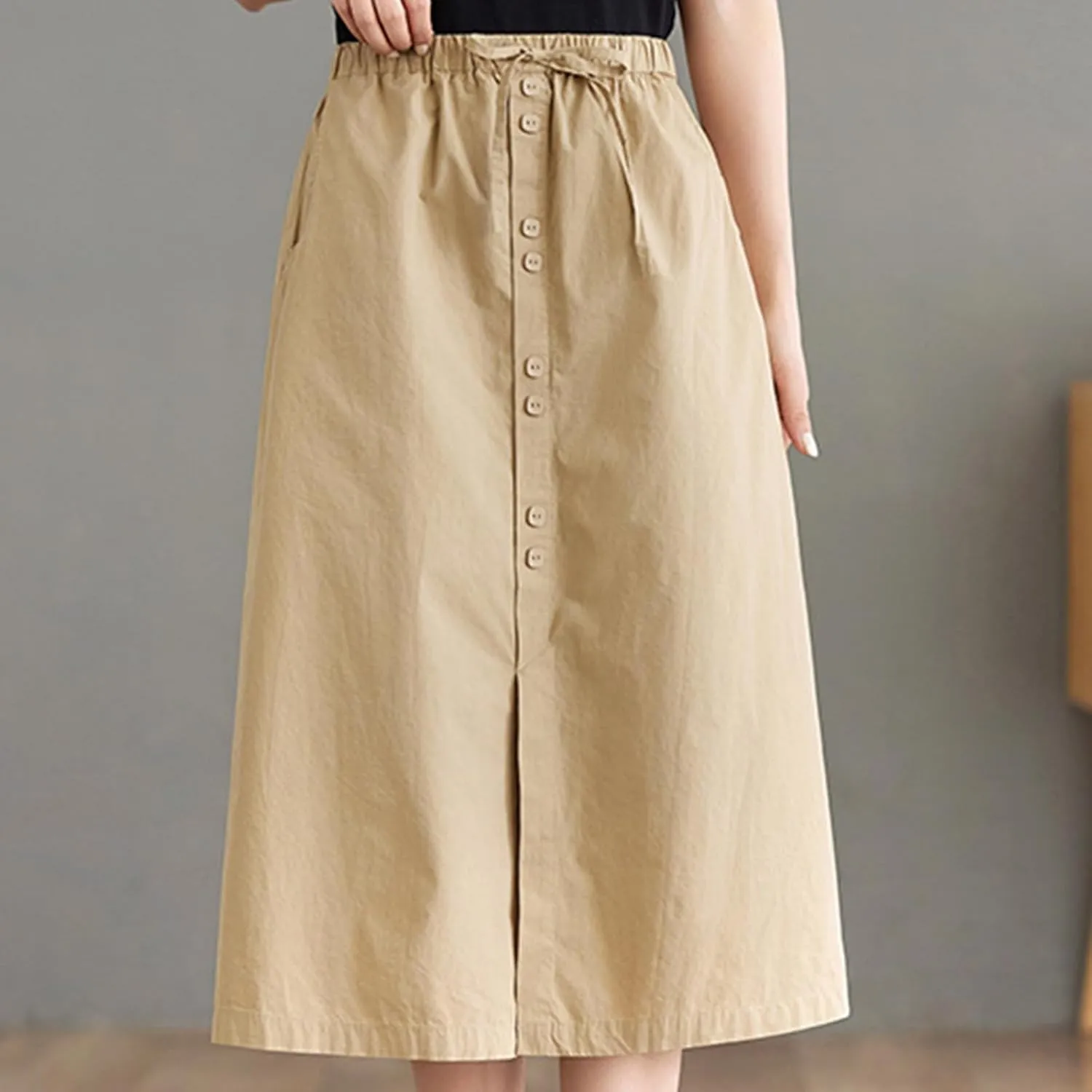 Women's Button Front Cotton Midi Skirt Summer Dressy A-Line Pencil Skirts Drawstring High Waist Office Work Skirt