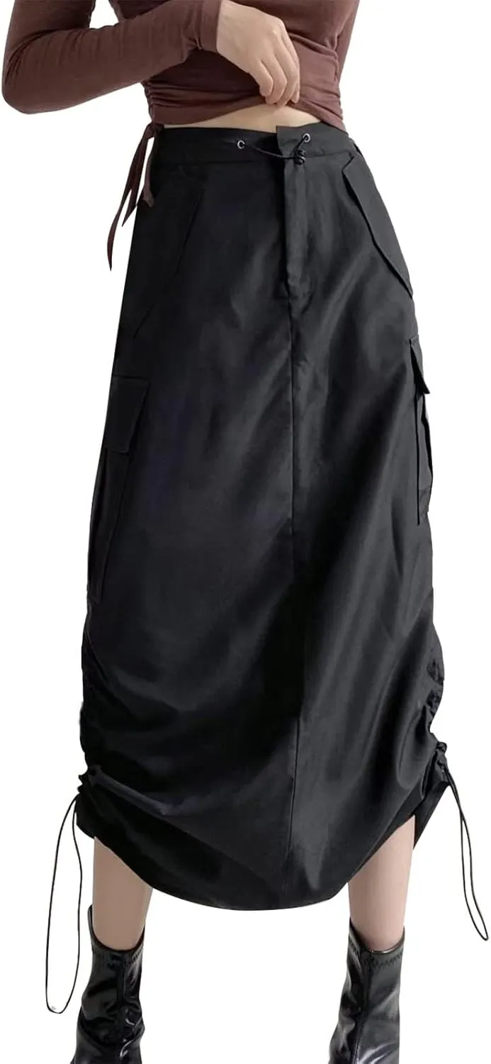 Womens Cargo Skirts Loose Maxi Skirts for Women Drawstring Adjustable Casual A-Line Midi Long Skirts Tennis Skirt