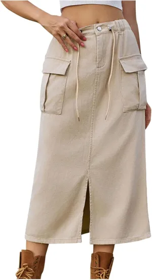 Women's Casual Button Jean Skirt High Waist Stretch Long Denim Skirts Front Slit Elastic Flap Pockets Midi Skirts