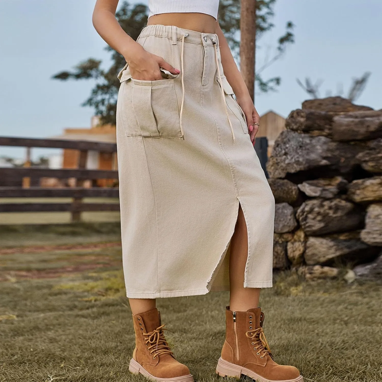 Women's Casual Button Jean Skirt High Waist Stretch Long Denim Skirts Front Slit Elastic Flap Pockets Midi Skirts