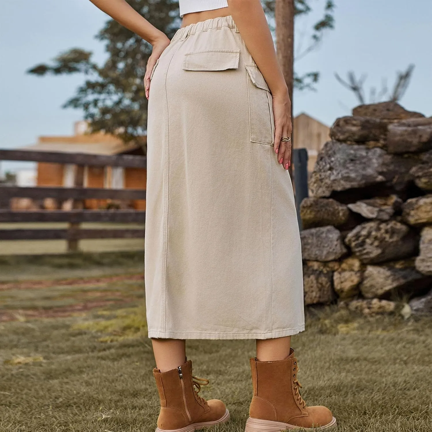 Women's Casual Button Jean Skirt High Waist Stretch Long Denim Skirts Front Slit Elastic Flap Pockets Midi Skirts