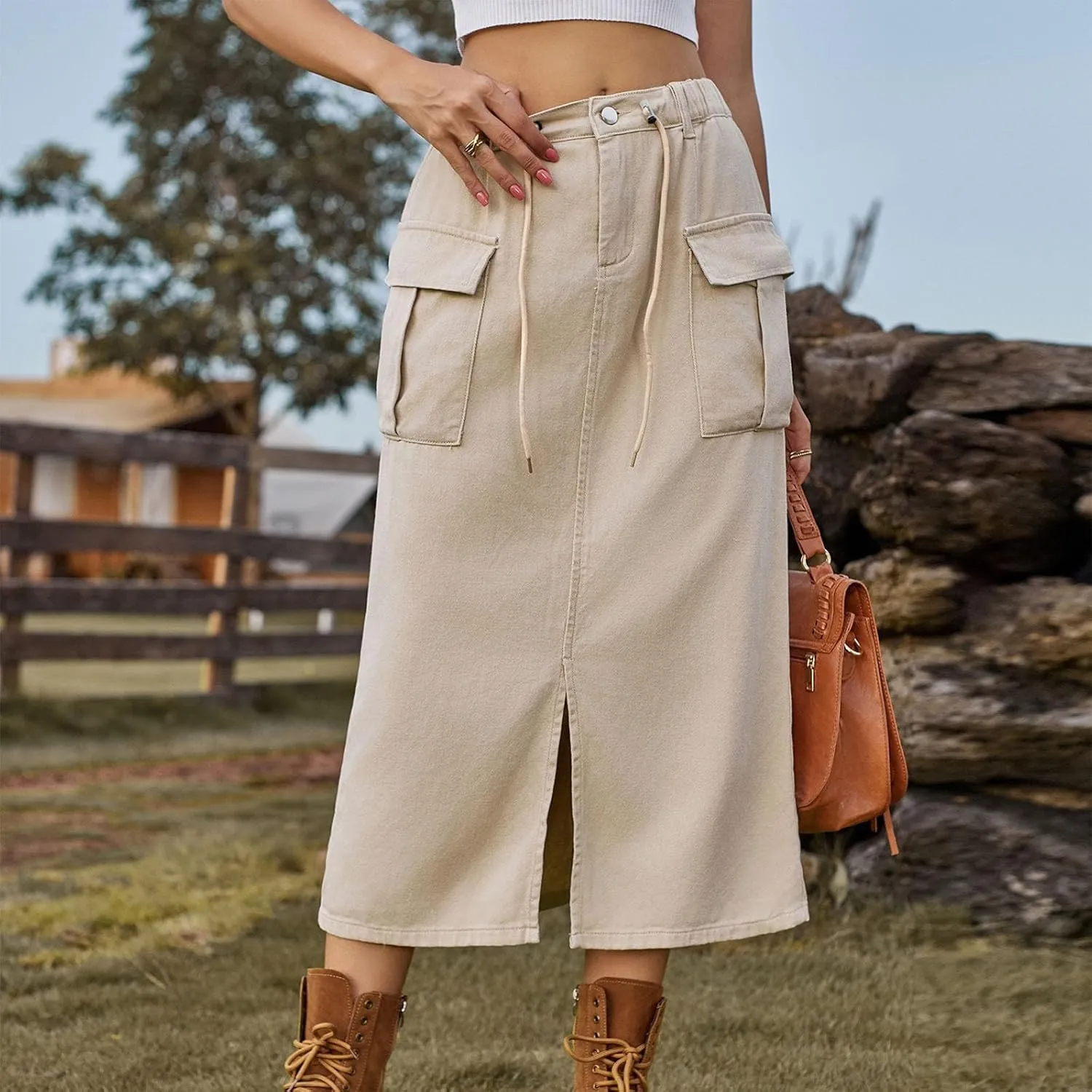 Women's Casual Button Jean Skirt High Waist Stretch Long Denim Skirts Front Slit Elastic Flap Pockets Midi Skirts