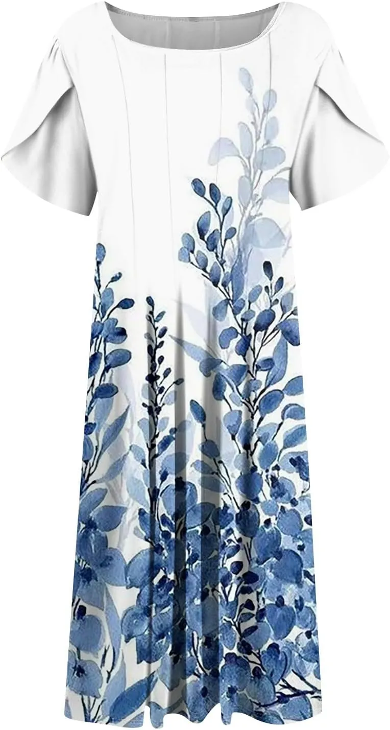 Womens Casual Dress for Summer Solid/Floral Short Sleeve Pleated T-Shirt Dress Loose Beach Midi Sundress with Pockets