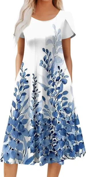Womens Casual Dress for Summer Solid/Floral Short Sleeve Pleated T-Shirt Dress Loose Beach Midi Sundress with Pockets