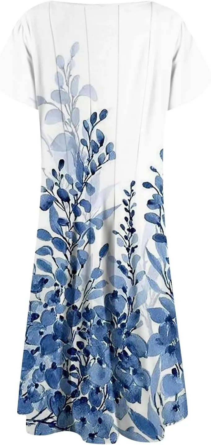 Womens Casual Dress for Summer Solid/Floral Short Sleeve Pleated T-Shirt Dress Loose Beach Midi Sundress with Pockets