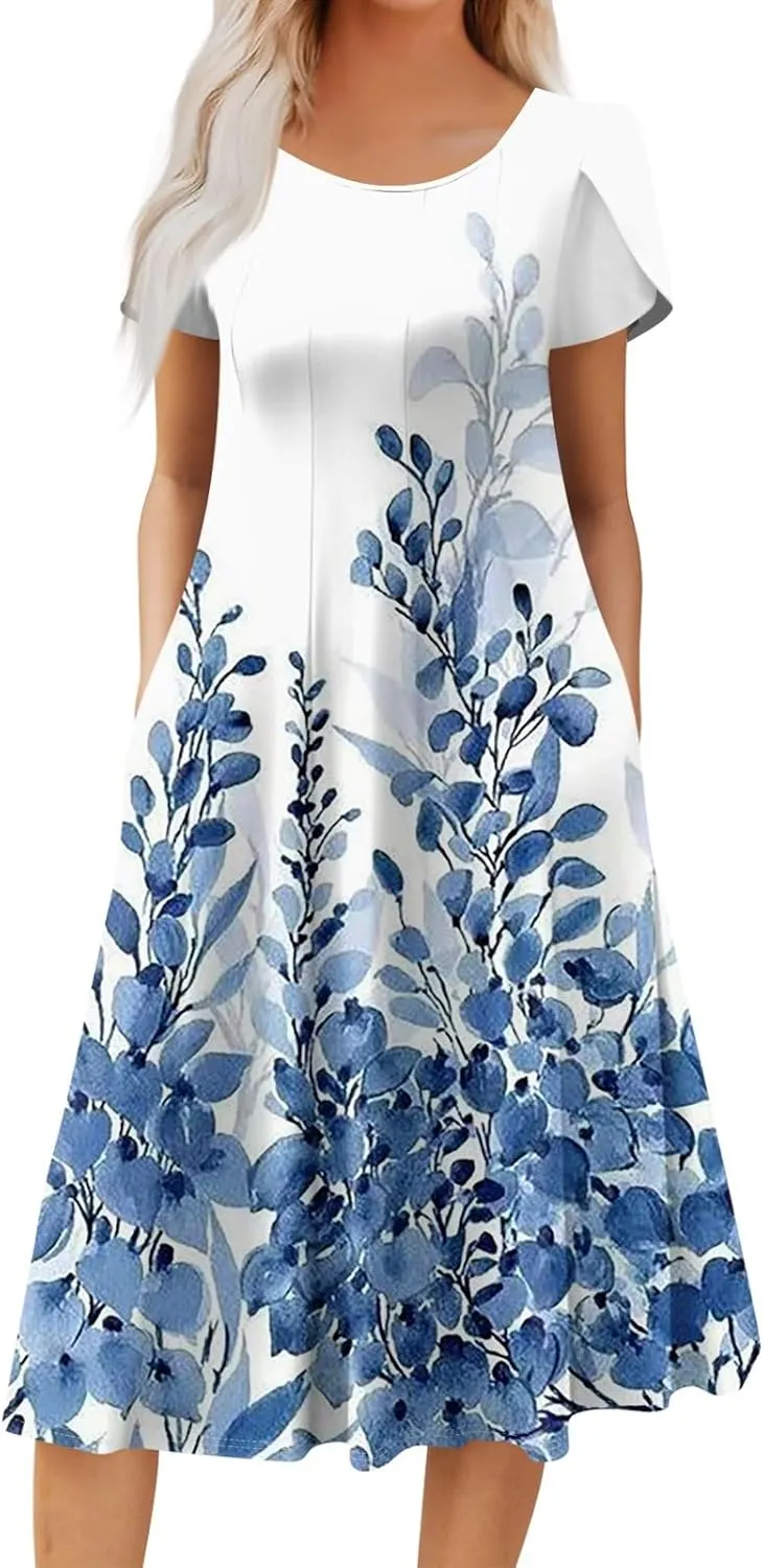Womens Casual Dress for Summer Solid/Floral Short Sleeve Pleated T-Shirt Dress Loose Beach Midi Sundress with Pockets