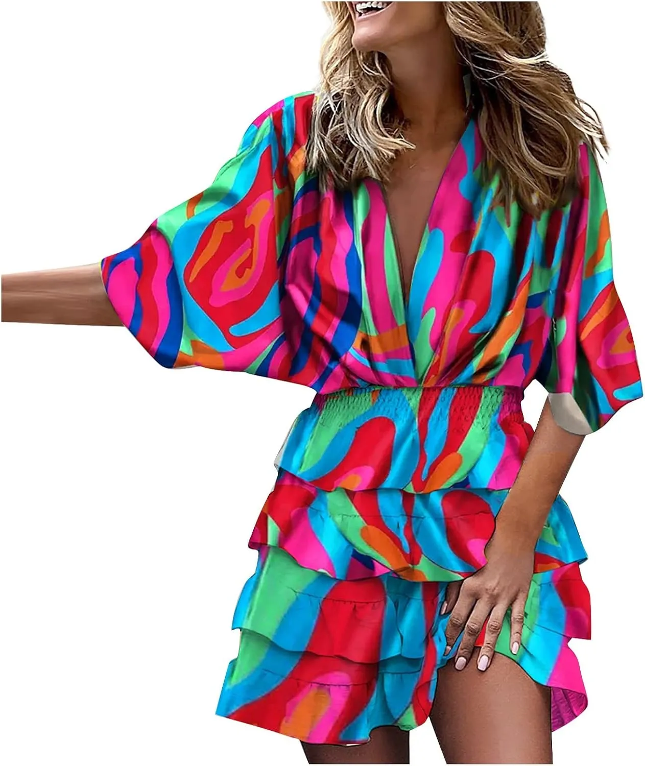 Women's Casual Dresses Summer Loose Trendy Short Sleeve V-Neck Floral Print Vacation Boho Midi Dress
