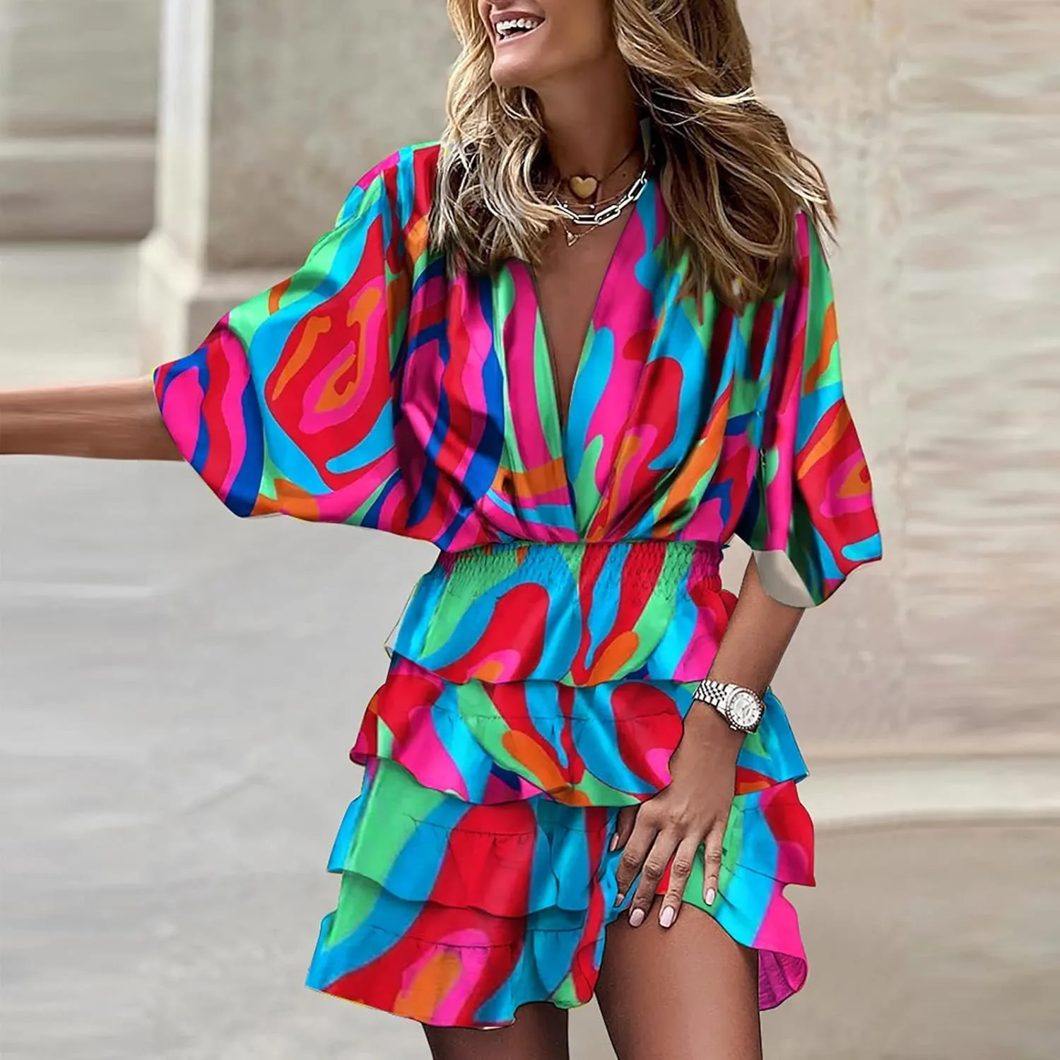 Women's Casual Dresses Summer Loose Trendy Short Sleeve V-Neck Floral Print Vacation Boho Midi Dress