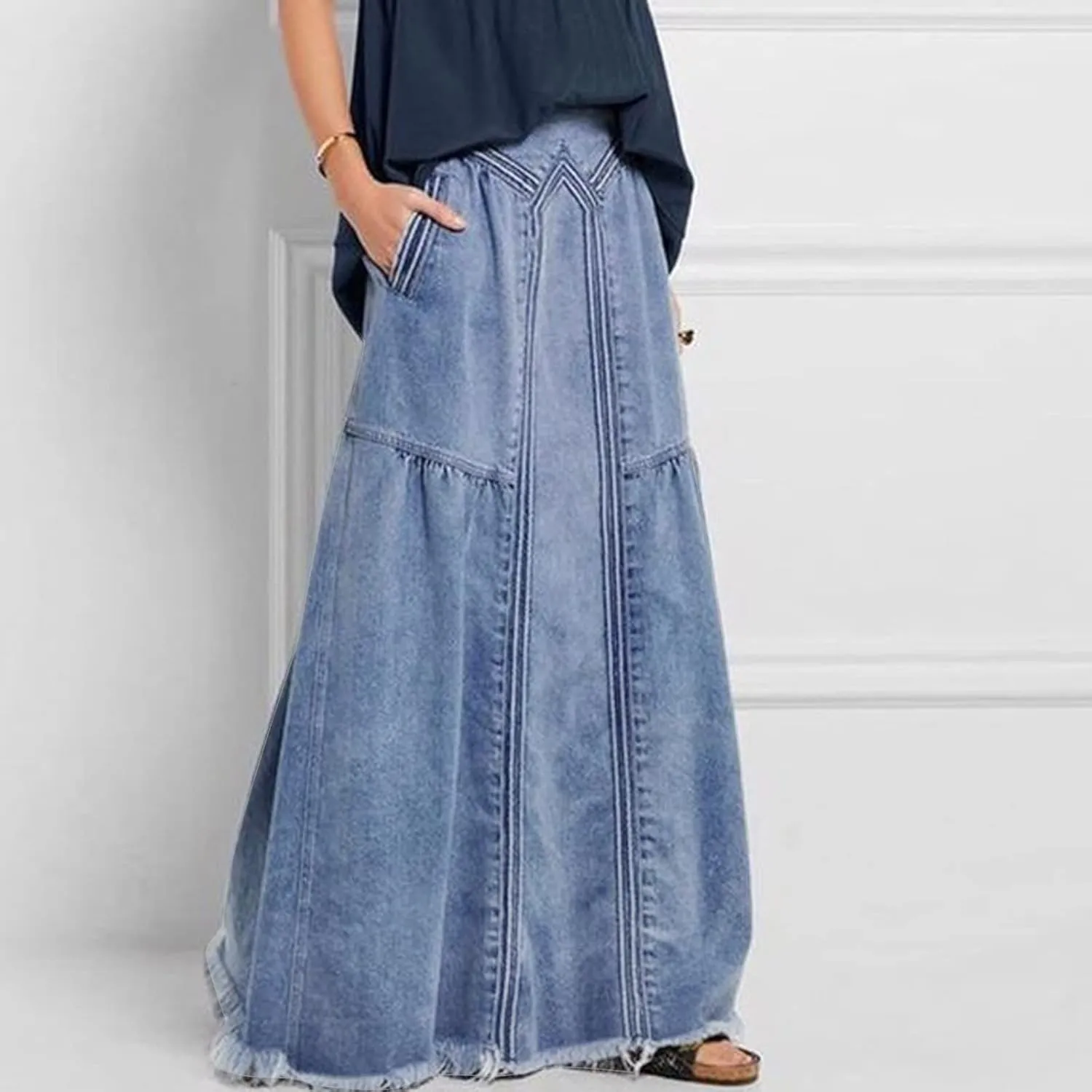 Women's Casual Elastic High Waist Denim Skirt A Line Jean Maxi Skirt Mopping Floor Length Long Skirts