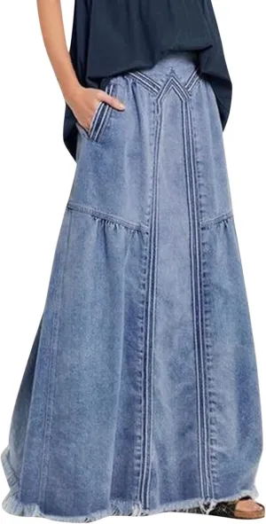 Women's Casual Elastic High Waist Denim Skirt A Line Jean Maxi Skirt Mopping Floor Length Long Skirts