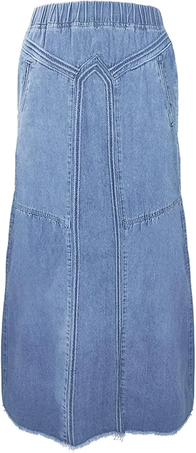 Women's Casual Elastic High Waist Denim Skirt A Line Jean Maxi Skirt Mopping Floor Length Long Skirts