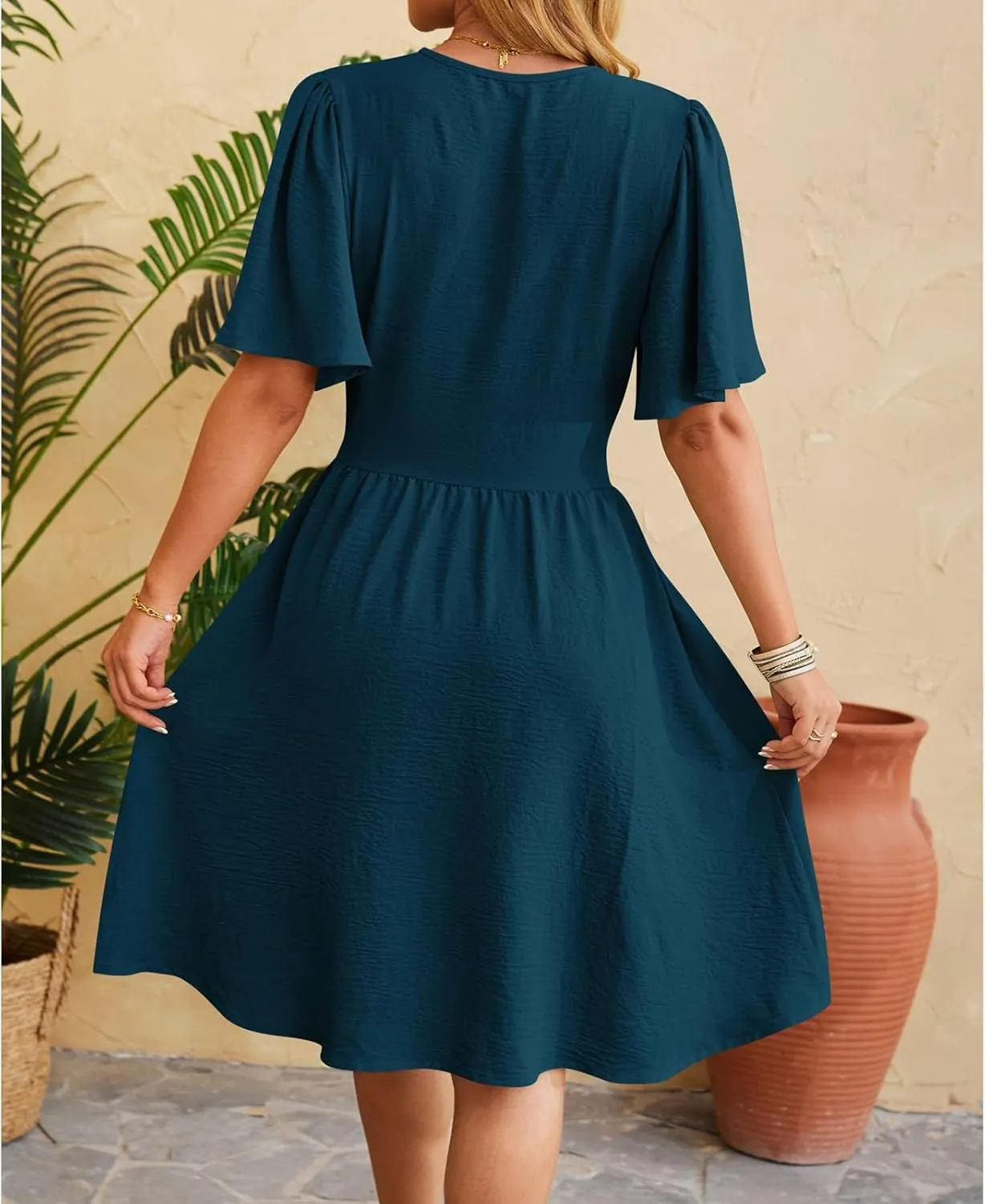 Womens Casual Short Sleeve Dress Dressy V Neck Ruched Wrap Midi Dresses Summer Elegant Trendy Travel Beach Sundress