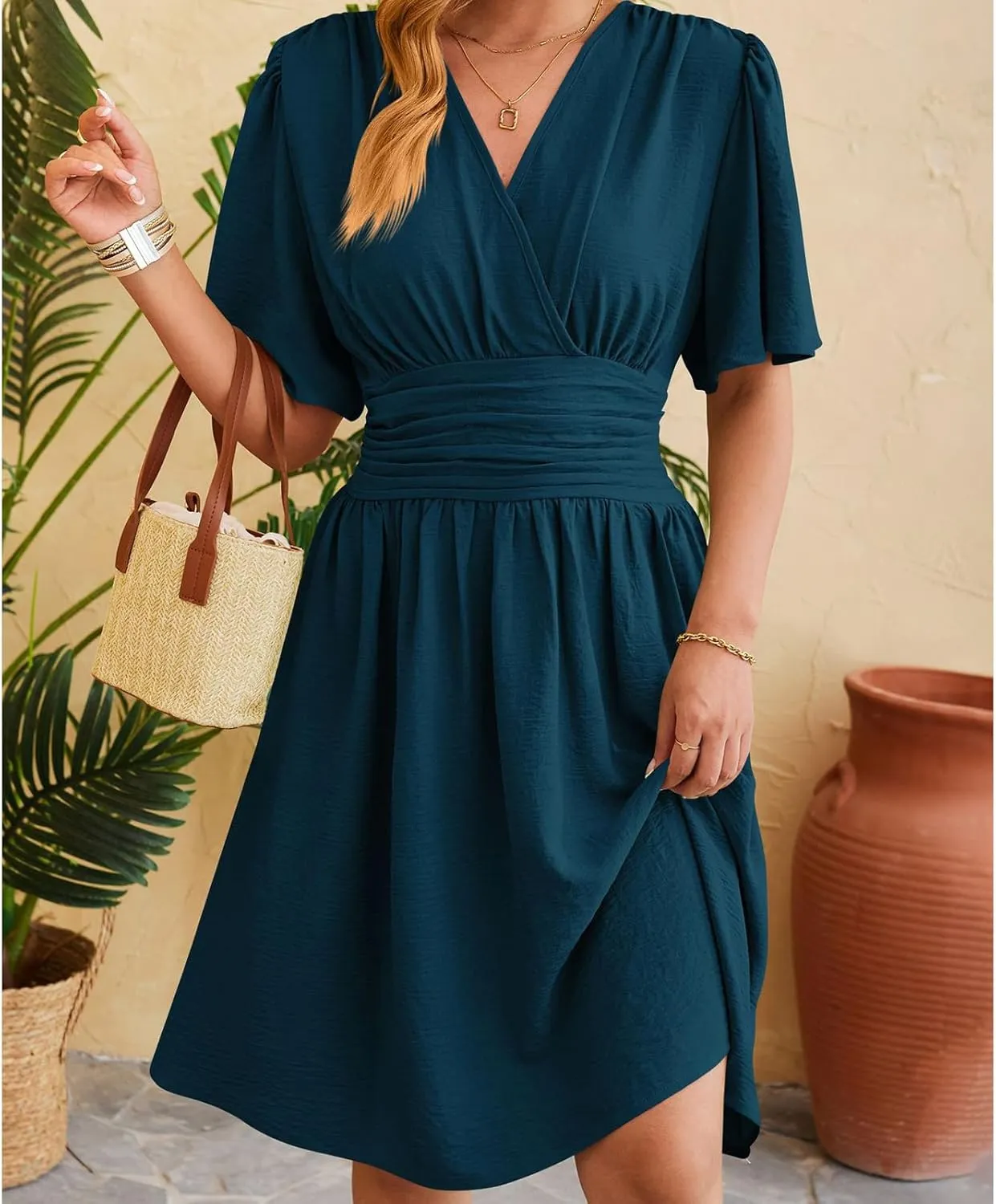 Womens Casual Short Sleeve Dress Dressy V Neck Ruched Wrap Midi Dresses Summer Elegant Trendy Travel Beach Sundress