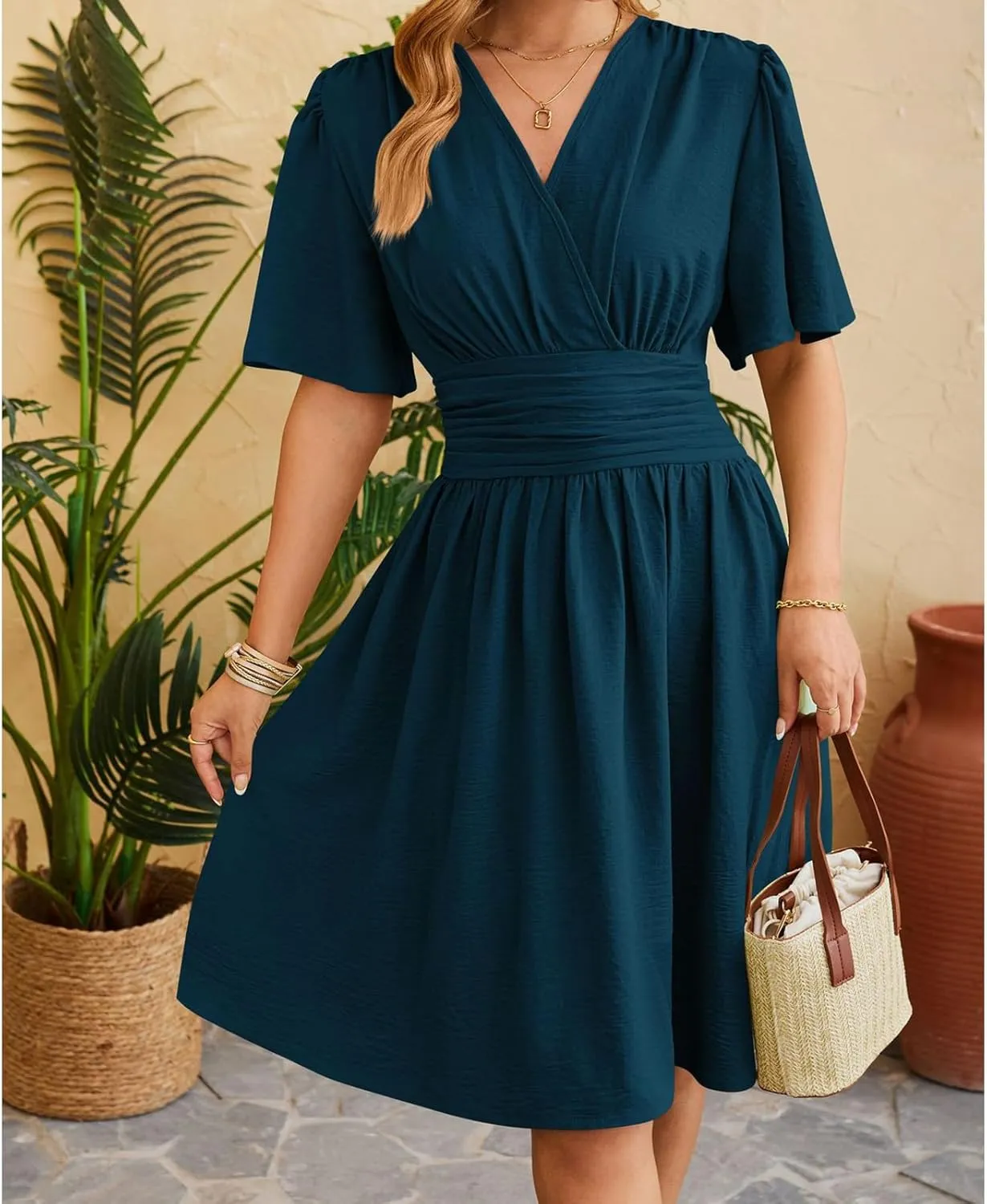 Womens Casual Short Sleeve Dress Dressy V Neck Ruched Wrap Midi Dresses Summer Elegant Trendy Travel Beach Sundress