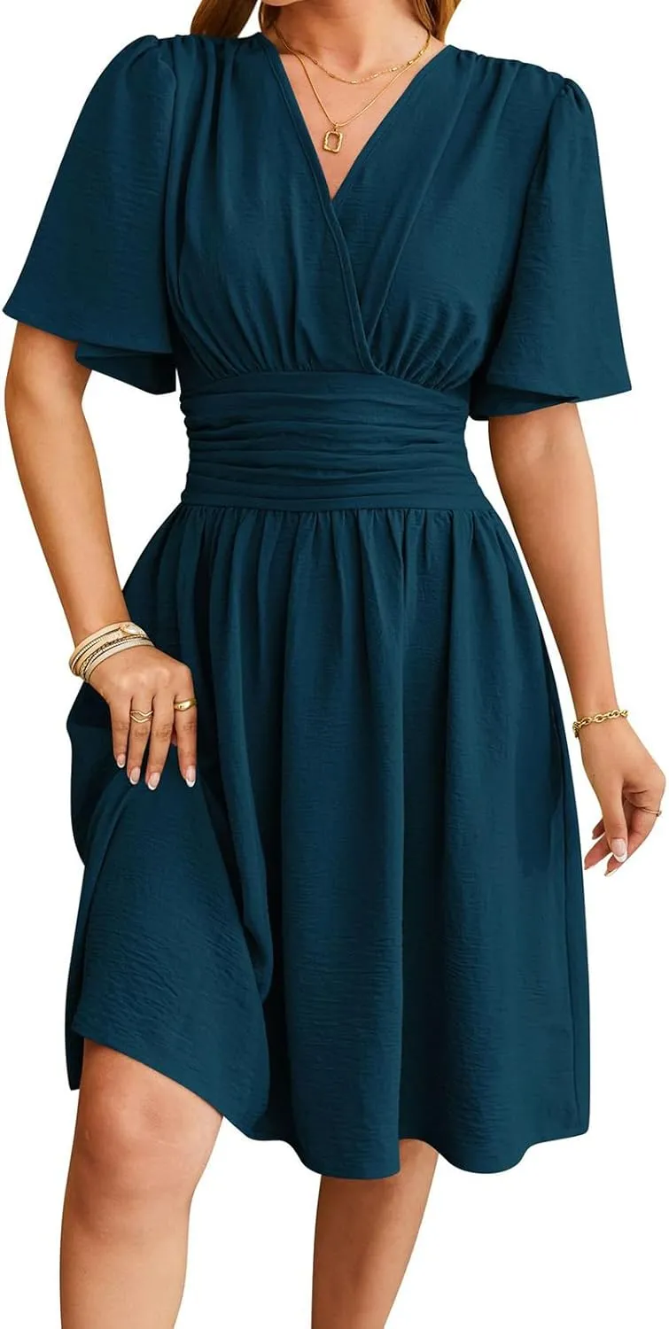 Womens Casual Short Sleeve Dress Dressy V Neck Ruched Wrap Midi Dresses Summer Elegant Trendy Travel Beach Sundress