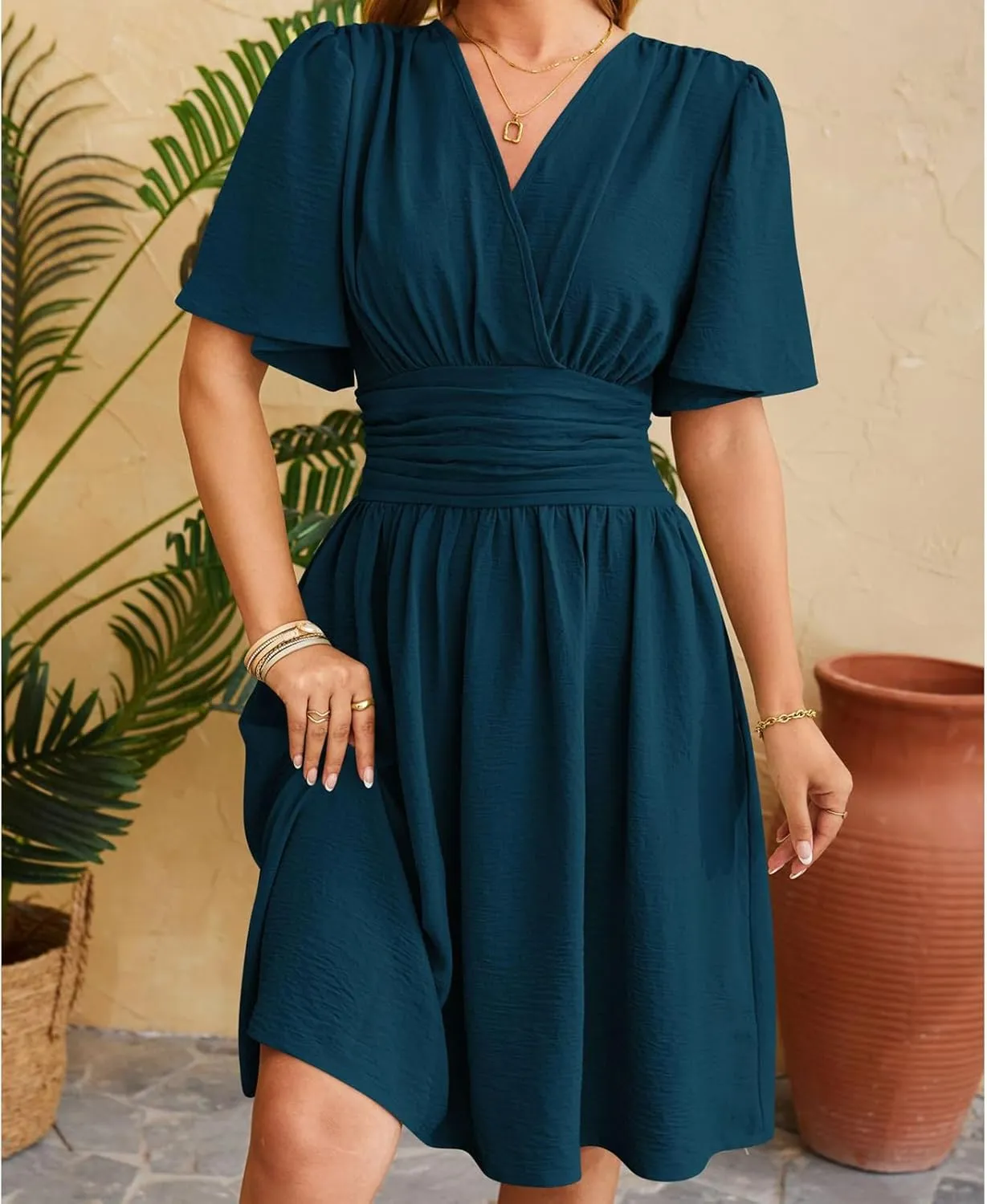 Womens Casual Short Sleeve Dress Dressy V Neck Ruched Wrap Midi Dresses Summer Elegant Trendy Travel Beach Sundress