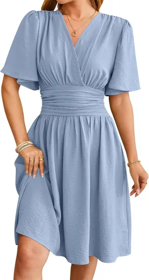 Womens Casual Short Sleeve Dress Dressy V Neck Ruched Wrap Midi Dresses Summer Elegant Trendy Travel Beach Sundress