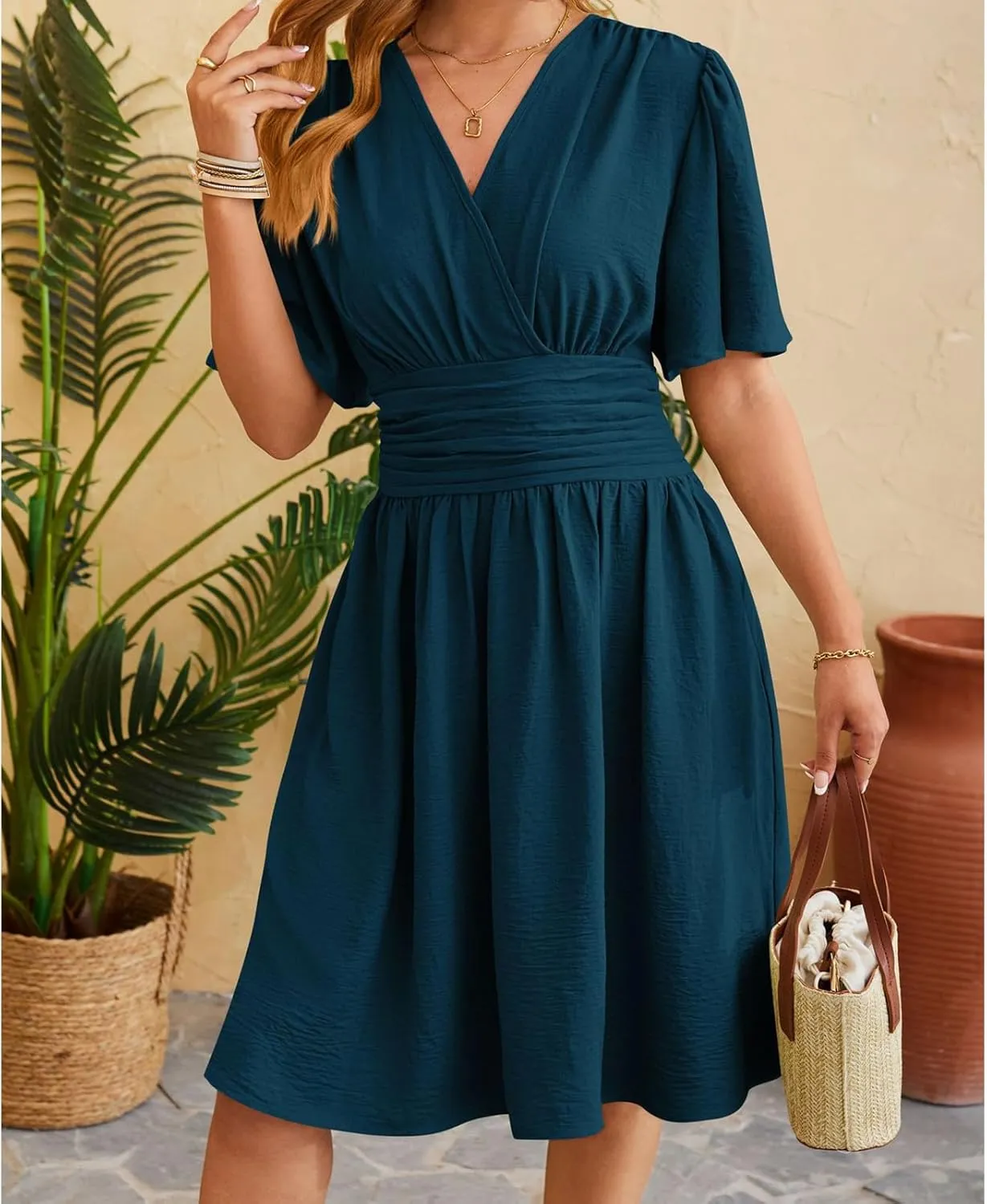 Womens Casual Short Sleeve Dress Dressy V Neck Ruched Wrap Midi Dresses Summer Elegant Trendy Travel Beach Sundress