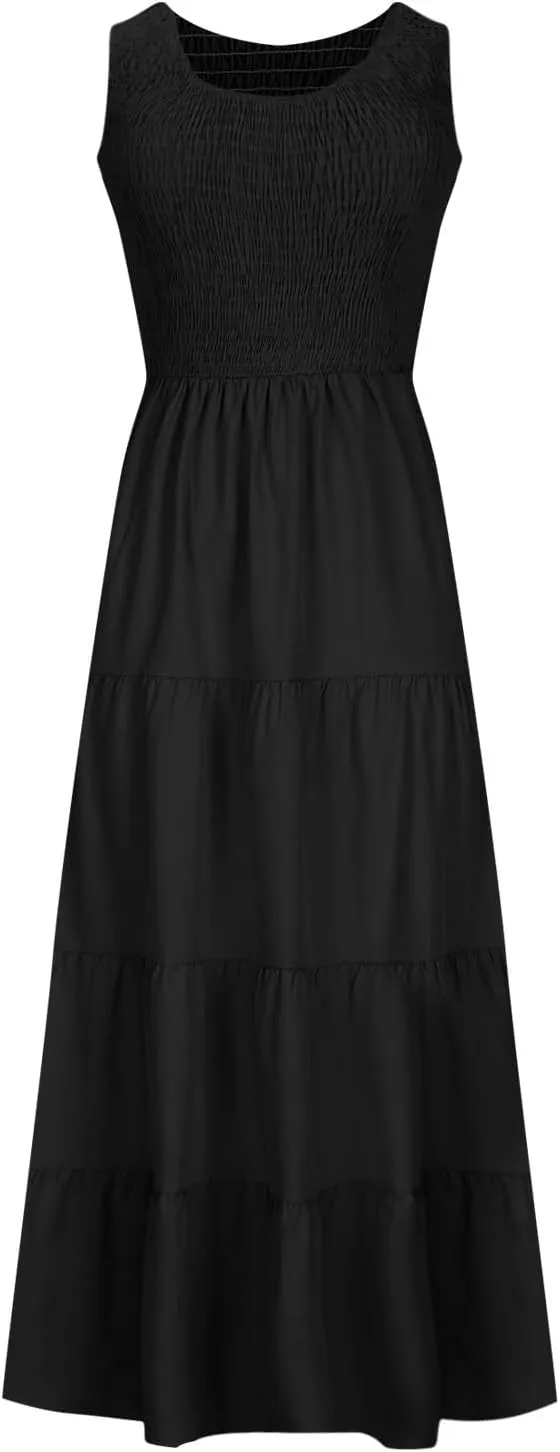Women's Casual Sleeveless Flowy Maxi Dress 2025 Smocked Tank Dress Summer Beach Tiered Long Dresses High Waist Sundress