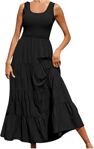 Women's Casual Sleeveless Flowy Maxi Dress 2025 Smocked Tank Dress Summer Beach Tiered Long Dresses High Waist Sundress