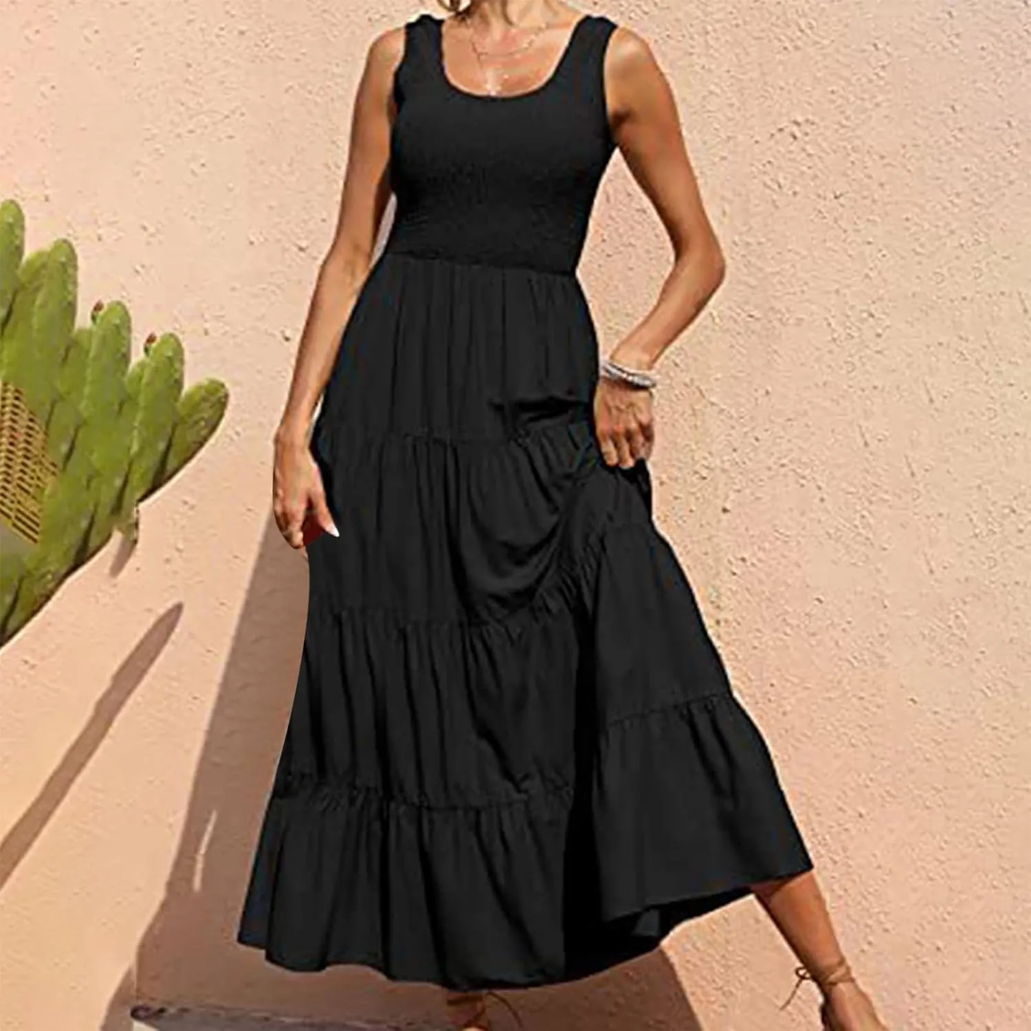 Women's Casual Sleeveless Flowy Maxi Dress 2025 Smocked Tank Dress Summer Beach Tiered Long Dresses High Waist Sundress