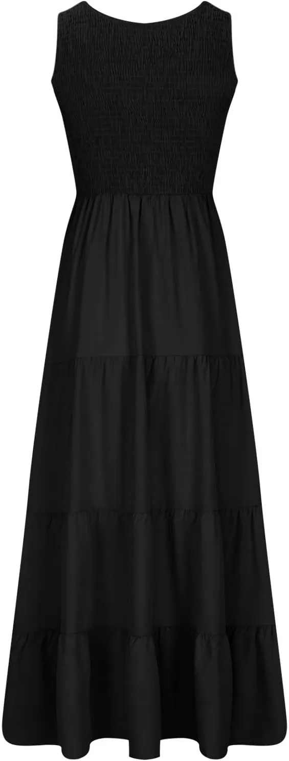 Women's Casual Sleeveless Flowy Maxi Dress 2025 Smocked Tank Dress Summer Beach Tiered Long Dresses High Waist Sundress