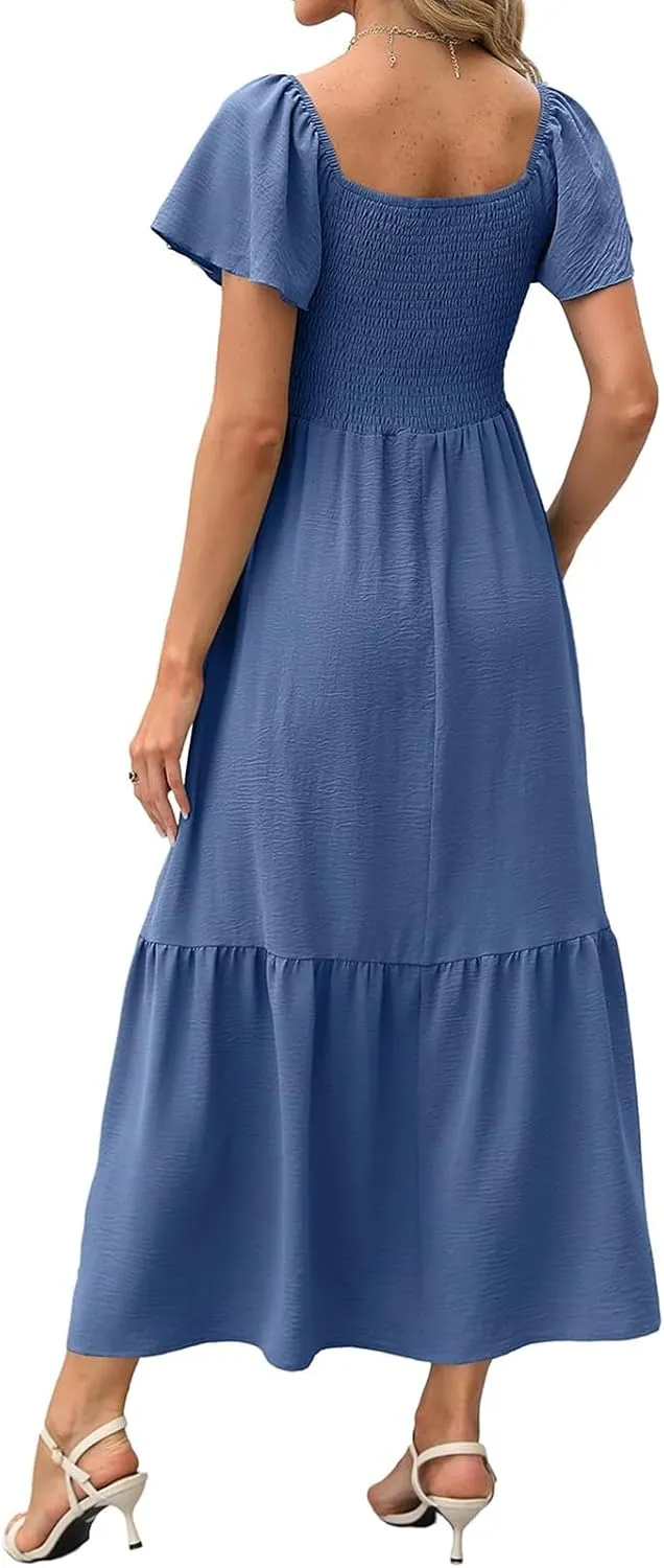 Womens Casual Summer Dress Square Neck Puff Sleeve Boho Midi Dress Swiss Dot Boho Flowy Sundress
