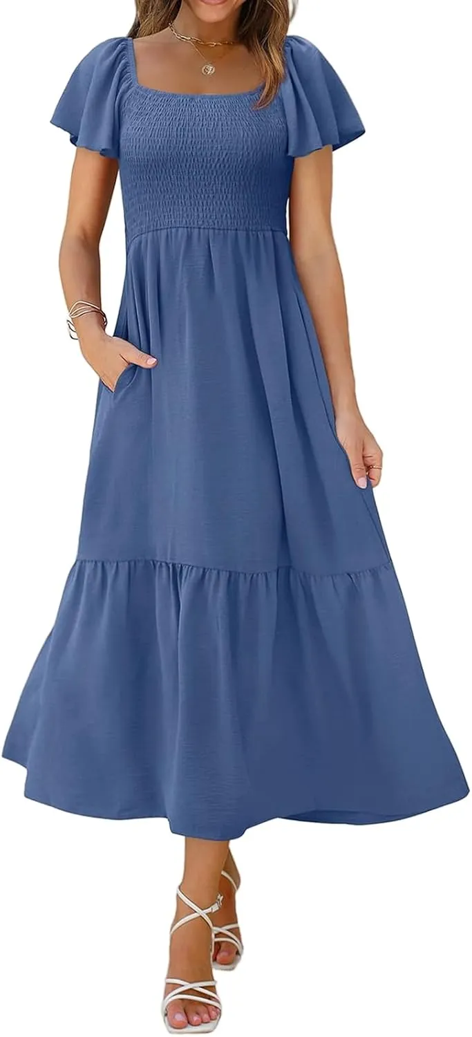 Womens Casual Summer Dress Square Neck Puff Sleeve Boho Midi Dress Swiss Dot Boho Flowy Sundress