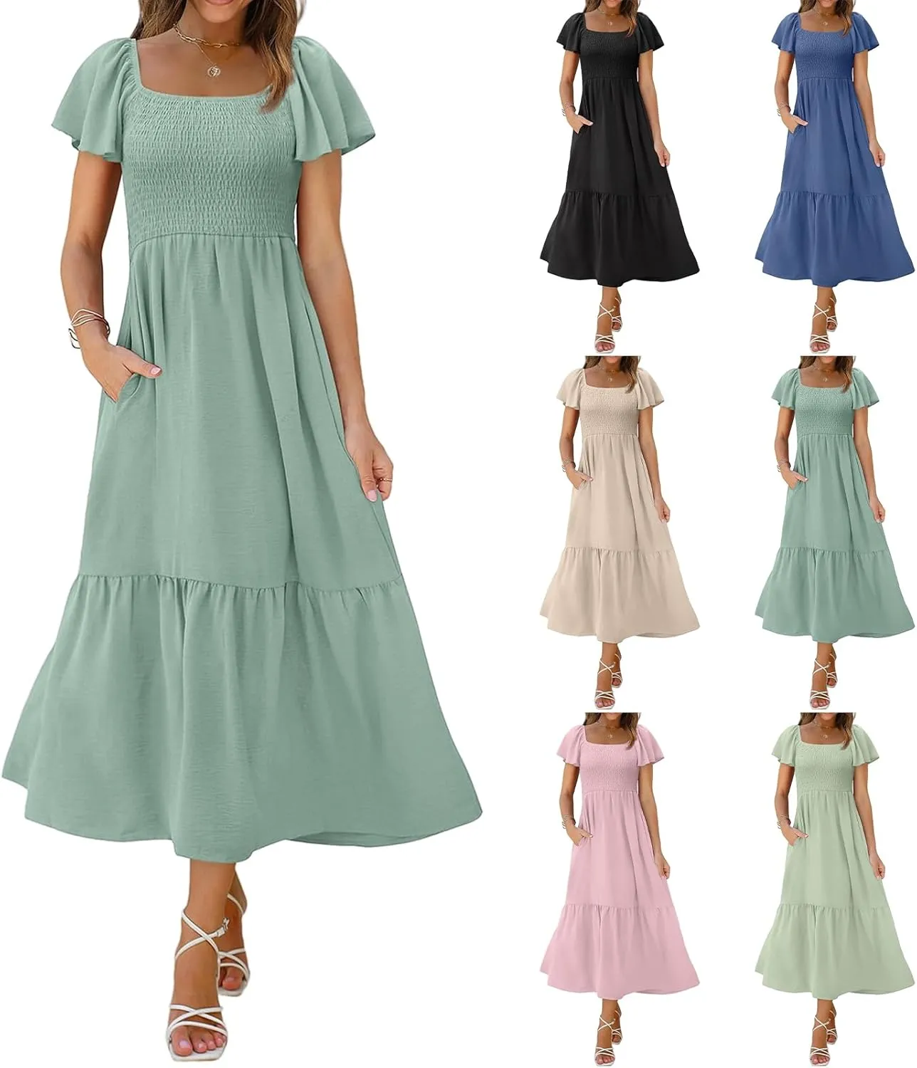Womens Casual Summer Dress Square Neck Puff Sleeve Boho Midi Dress Swiss Dot Boho Flowy Sundress