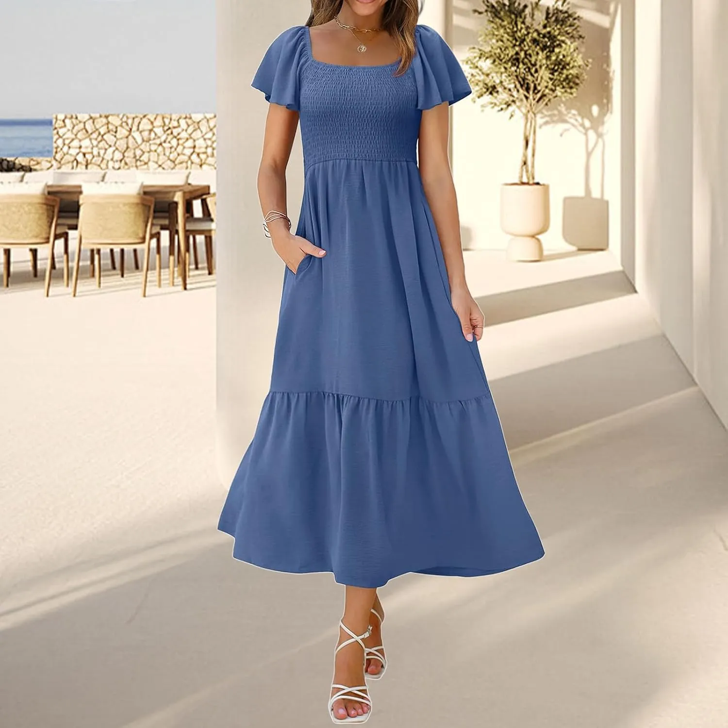 Womens Casual Summer Dress Square Neck Puff Sleeve Boho Midi Dress Swiss Dot Boho Flowy Sundress