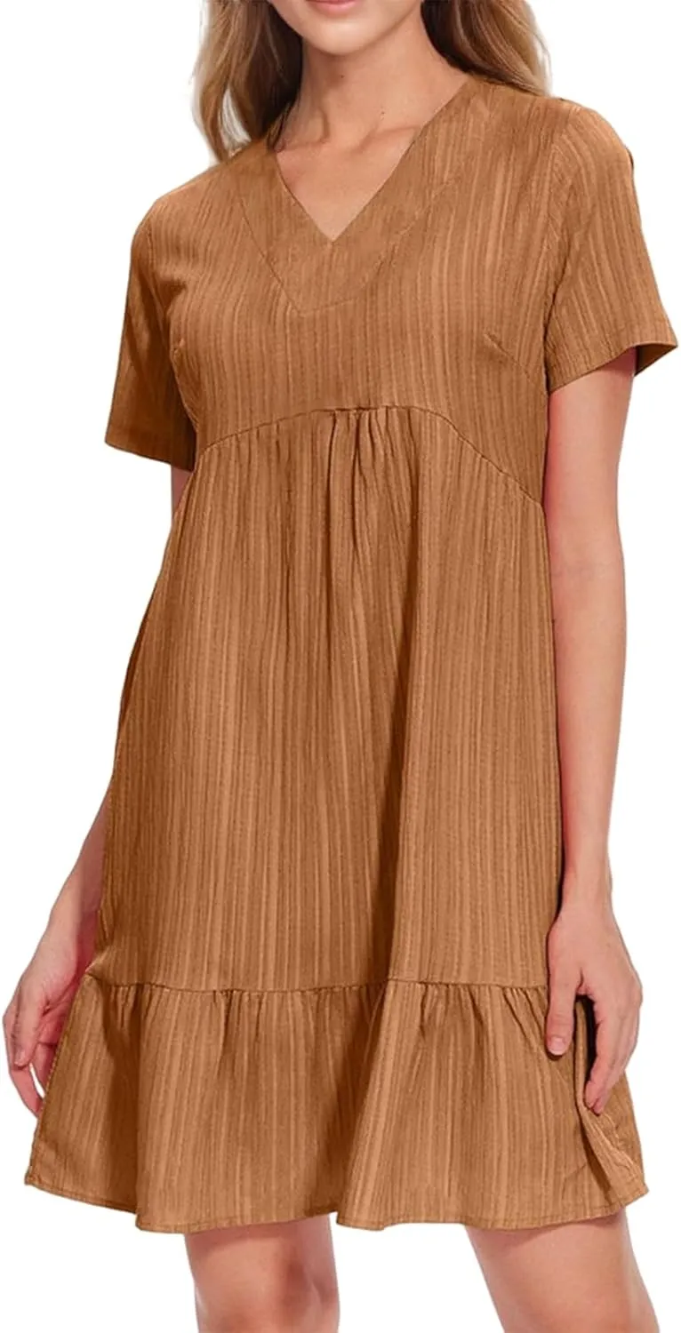 Womens Casual Summer Dresses Flowy Sleeveless Midi Dress Beach Vacation Sundress Ruffle Swing Dress V Neck Comfy