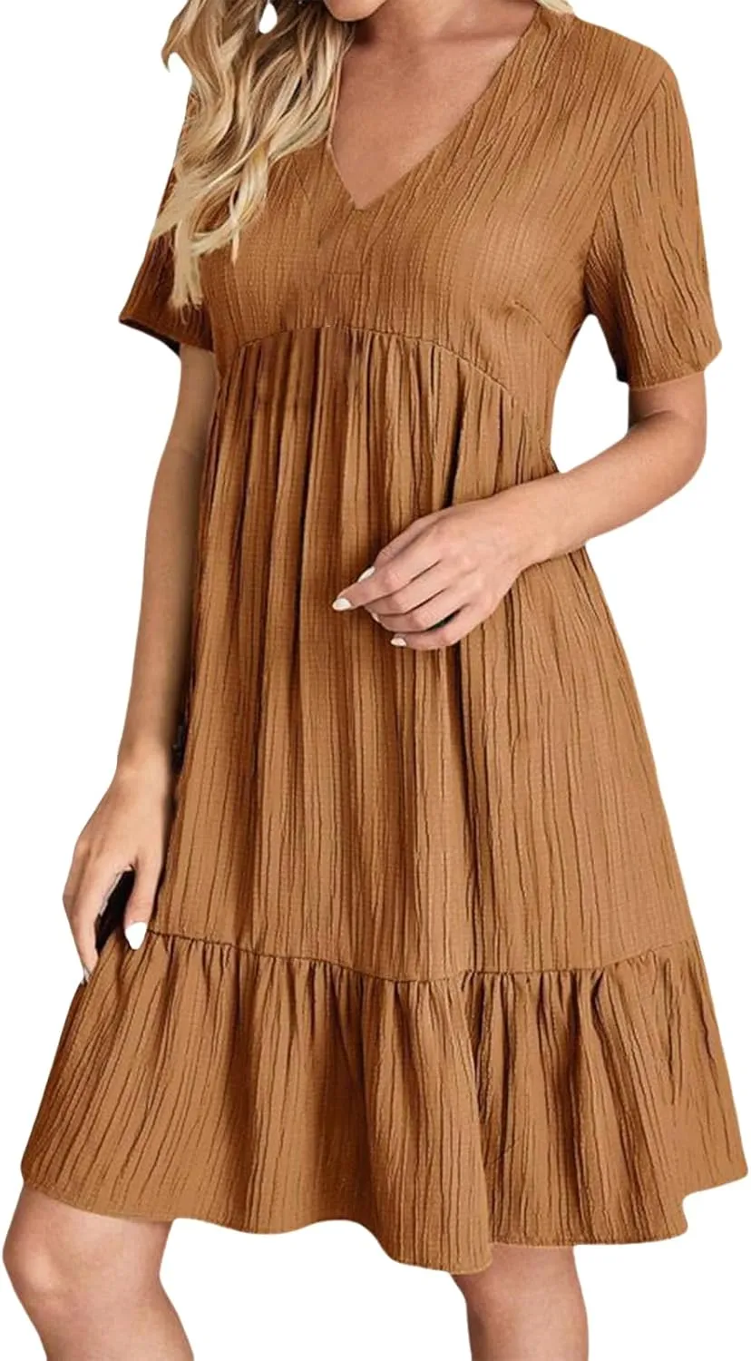 Womens Casual Summer Dresses Flowy Sleeveless Midi Dress Beach Vacation Sundress Ruffle Swing Dress V Neck Comfy