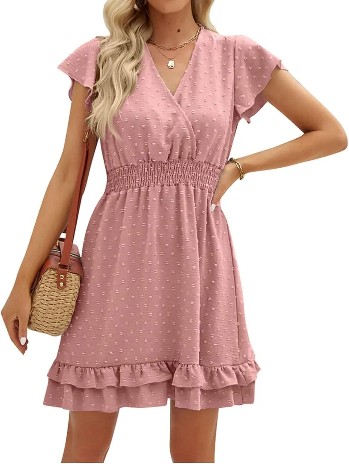 Womens Casual Summer Mini Dress V Neck Short Sleeve Swiss Dot Ruffle Dresses Flowy Swing Vacation Beach Sundress